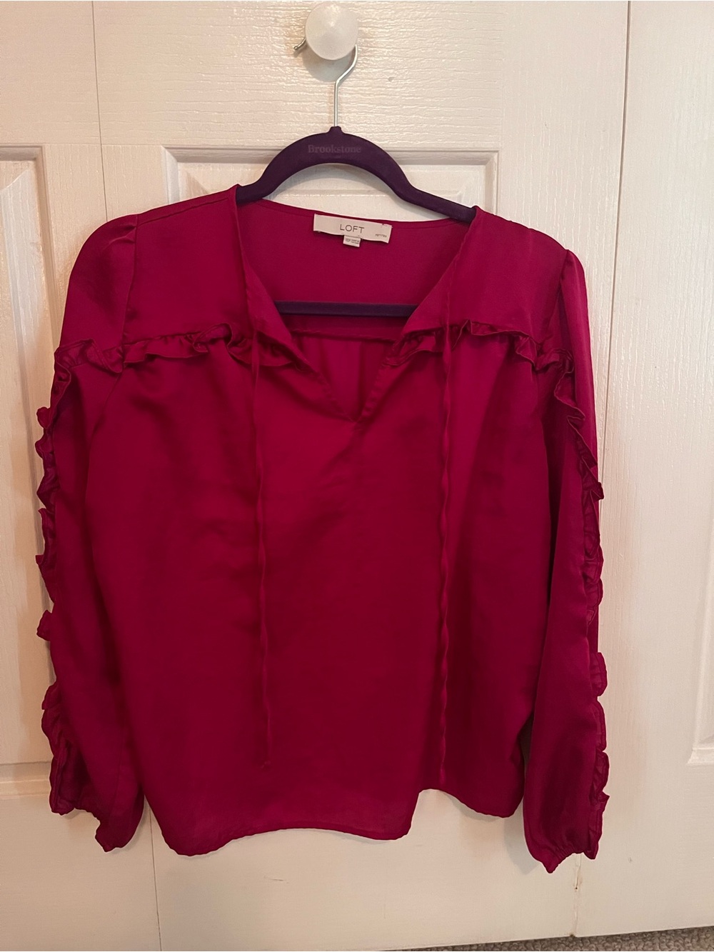 LOFT Ruffle-Trim V-Neck Blouse - Deep Raspberry